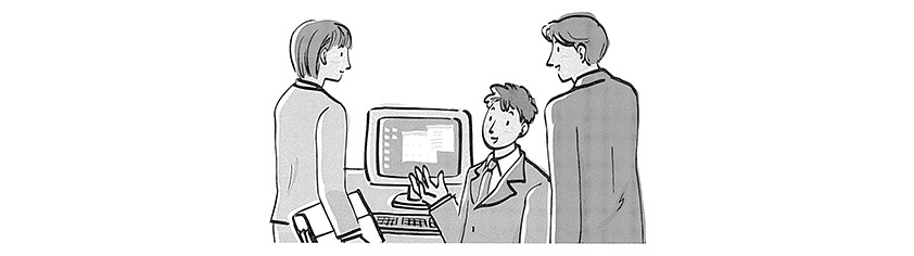 パソコンの前で話すビジネスマン３人のイラスト