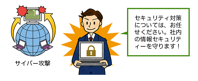 サイバー攻撃を受けているPCとセキュリティー対策をしたPCを持つサラリーマンのイラスト